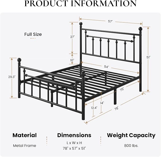 SHA CERLIN 14" Full Size Metal Platform Bed Frame/Victorian Headboard and - Image 2