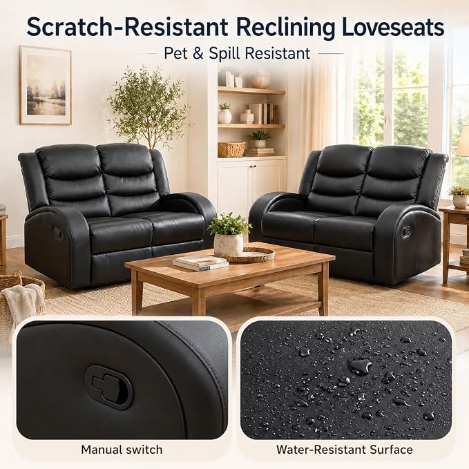 Recliner Sofa Set, 2 Piece Living Room Furniture Set, Leather Recliner Sofa - Image 4