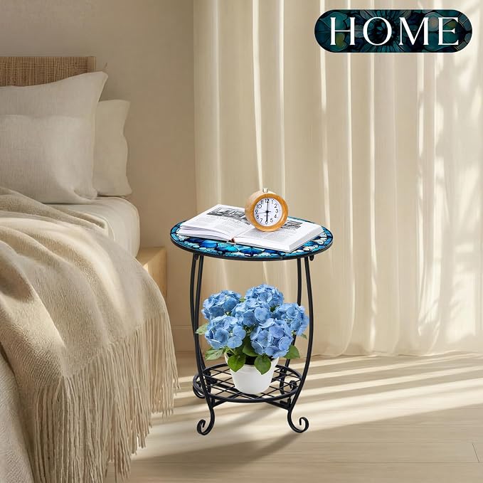Cinnvoice Outdoor Side Table Round Small Mosaic Patio Accent Indoor End Plant - Image 7