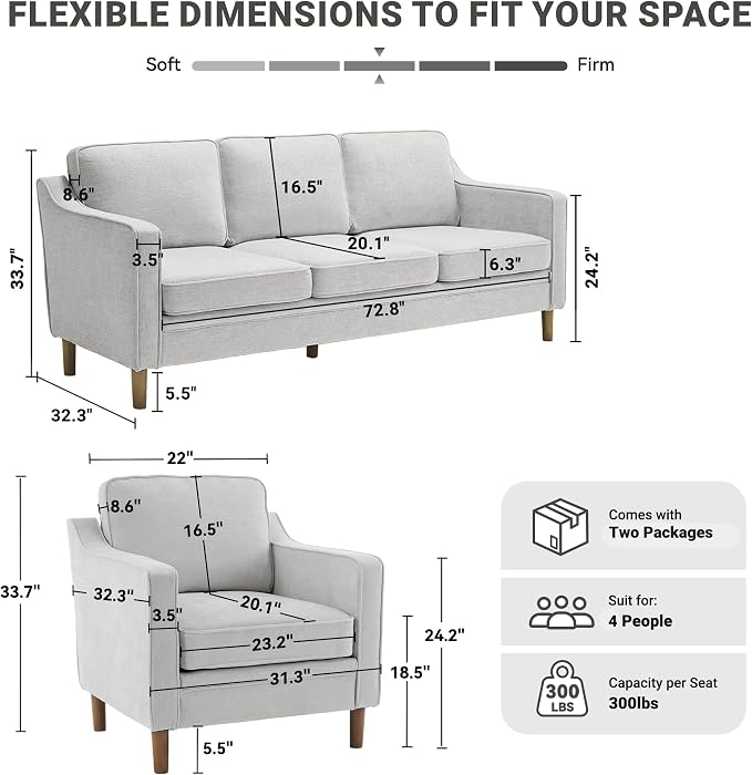 Kingfun Living Room Furniture Sets, 3 Seater Couch and Loveseat, Mid Century - Image 2