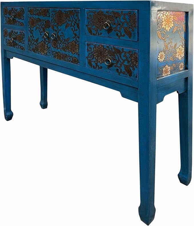 Blue Lacquer Golden Flower Graphic Drawers Slim Foyer Side Table Acs7732 - Image 4