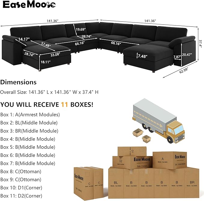 EASE MOOSE Oversized L Shaped Sectional Modular Sofa, Large U Shaped Sectional - Image 2