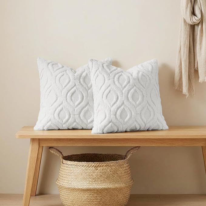 decorUhome Throw Pillow Covers 20x20 Inch Set of 2, Soft Plush Faux Wool White - Image 4