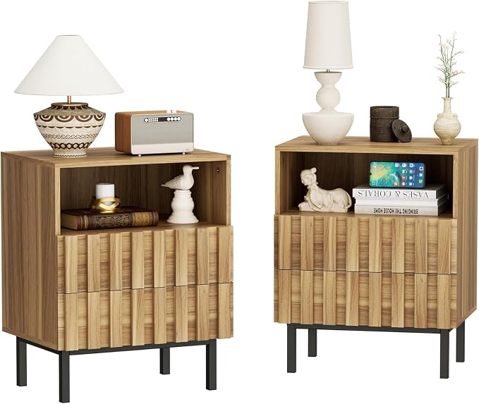 UEV Mid Century Modern Fluted Nightstand Set of 2, 2 Drawers End Table by YourHomeExcellentVendor