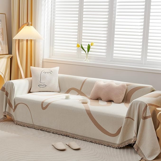 VClife Soft Chenille Couch Cover Modern Khaki Tan Beige Stripe Sofa Slipcover - Image 8
