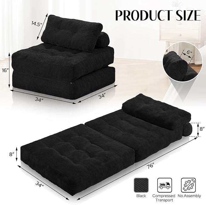 HABUTWAY Folding Sofa Bed, Convertible Sleeper Chair Bed w/Dual-Pillow & Handle - Image 2