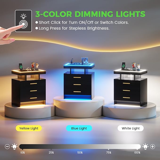 HNEBC Night Stand Set 2 with LED Lights, High Gloss Nightstand with 3 Drawers - Image 4