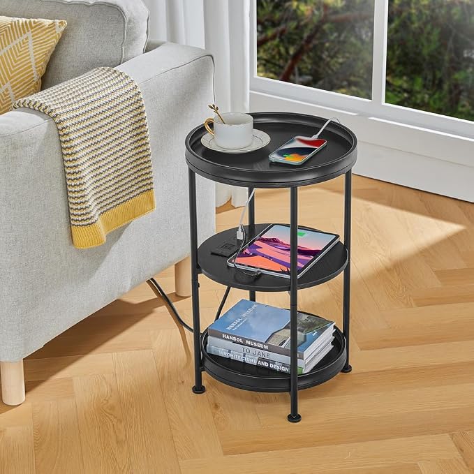 Dulcii Round Side Table with Charging Station, Bedroom Nightstand with Steel - Image 2