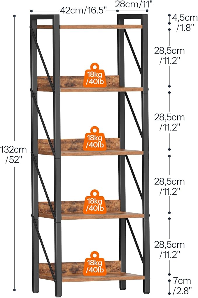 HOOBRO Bookshelf, 5-Tier Industrial Bookcase, Book Shelf Storage Organizer - Image 3