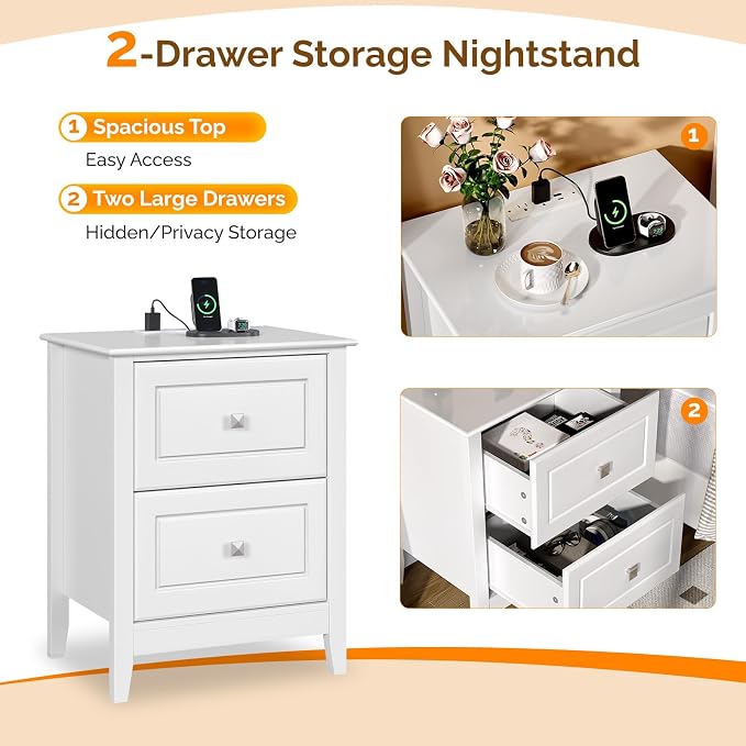 Bonnlo White Nightstand with Charging Station Night Stand White Wood Nightstand - Image 7