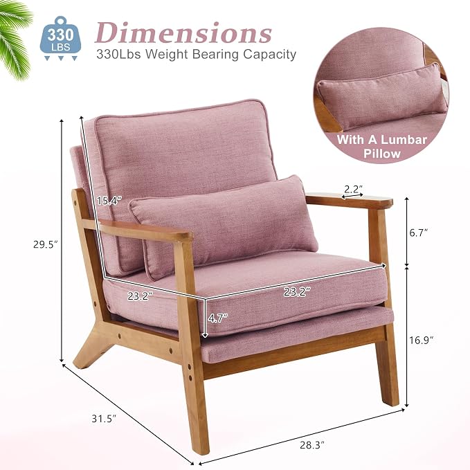 VINGLI Solid Wood Wide Armrests Accent Chair, Upholstered Mid Century Modern - Image 2