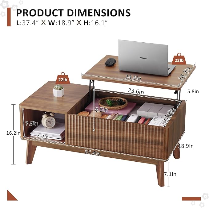 LYNCOHOME Fluted Lift Top Coffee Table - Image 2