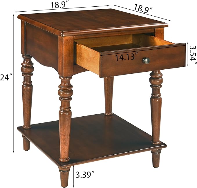 End Table with Drawer and Storage Shelf, Solid Wood Sofa Side Table, Square - Image 2