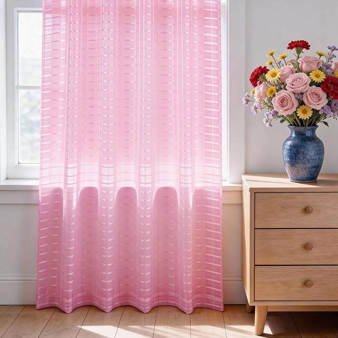 SpaceDresser Check Sheer Curtains 63 Inches 2 Panels Set, Rod Pocket Plaid - Image 3