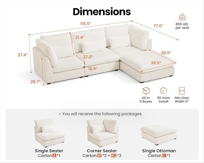115" Oversized Corduroy Couch Modular Sectional Sofa, Washable Cloud Couch - Image 2