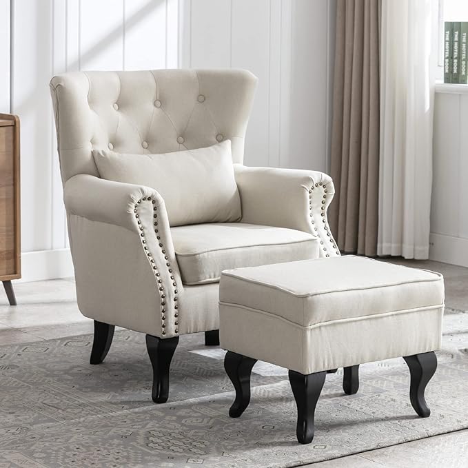 Mid Century Modern Accent Chair Upholstered Armchair Comfy Linen Fabric Tufted by Janoray