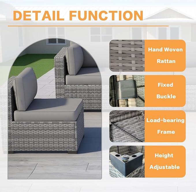 MOCHITO 7 Pieces Outdoor Patio Furniture Sets, All-Weather Sectional Sofa Grey - Image 4