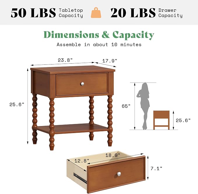AMERLIFE 24" Wooden Nightstand Set of 2, Vintage Bedside Table - Image 2