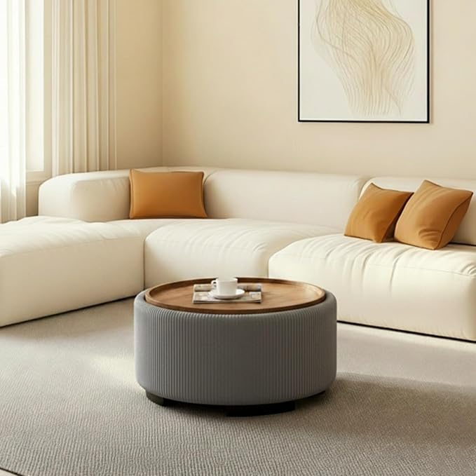 29.5 Inch Round Storage Ottoman Coffee Table, Modern Circle Coffee Table - Image 3
