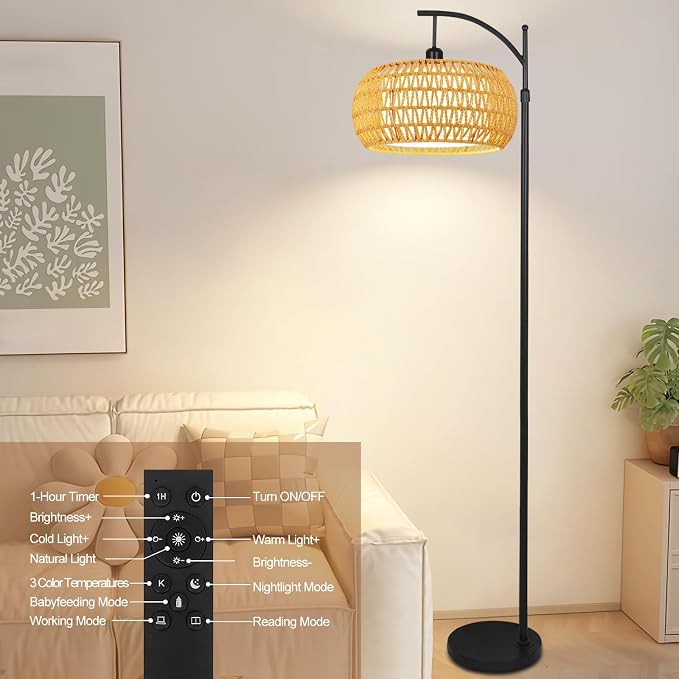 Arc Floor Lamps for Living Room Rattan Boho Floor Lamp - Image 8