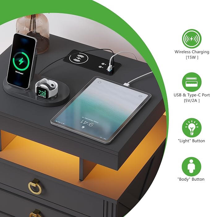 HNEBC Nightstand with Gun Drawers, LED Farmhouse Night Stand with Charging - Image 3