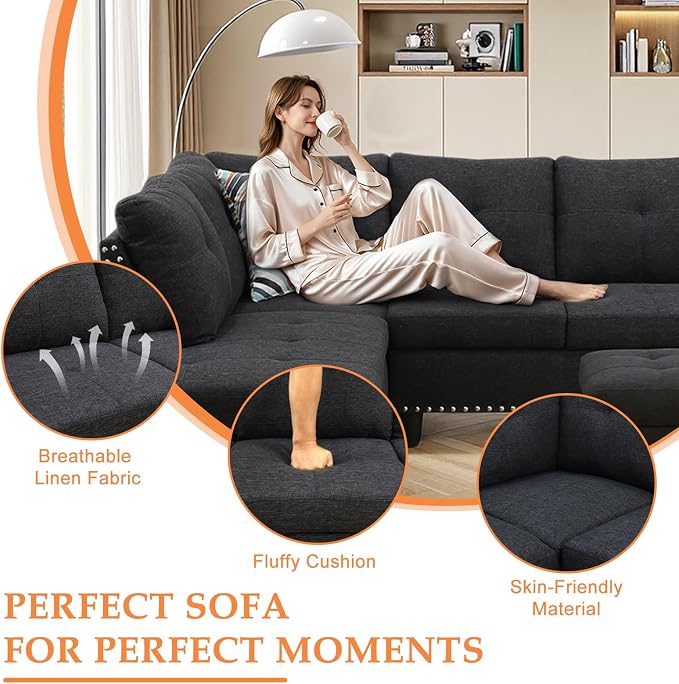Wakefit Sectional Sofa Couch, Modern 4-Seaters Living Room Furniture Sets - Image 3