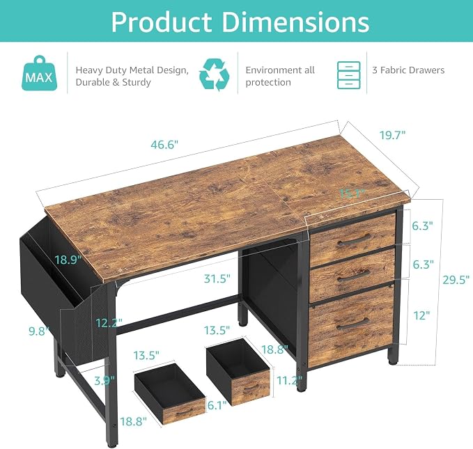 Lufeiya Computer Desk with File Drawers Cabinet, 47 Inch Reversible Home Office - Image 3