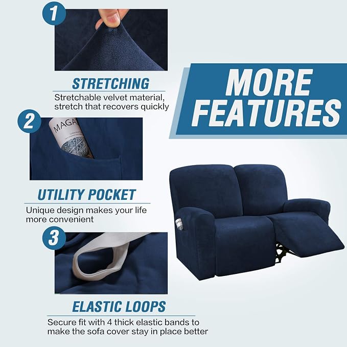 H.VERSAILTEX Velvet Stretch Recliner Couch Covers 6-Pieces Recliner Loveseat - Image 4