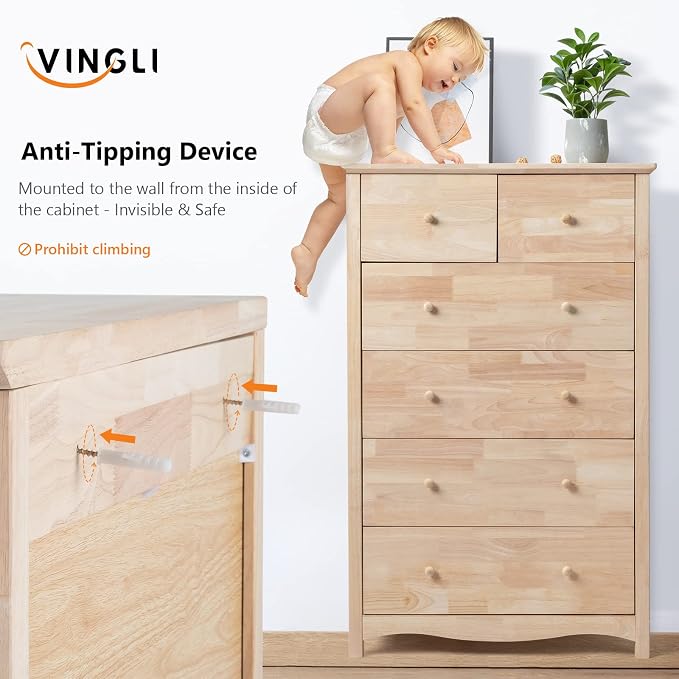 VINGLI Unfinished 6 Drawer Dresser, Natural Solid Wood Dresser Color DIY - Image 10
