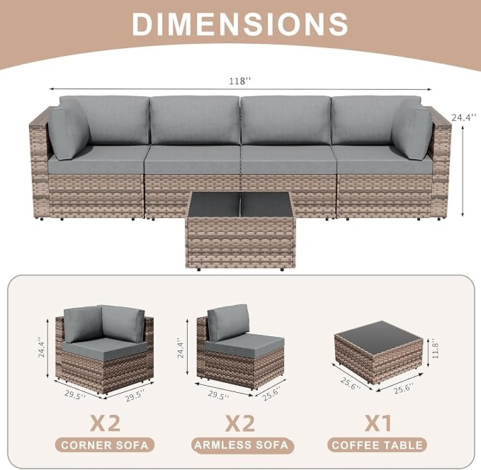 JAMFLY 5-Piece Patio Furniture Set, All-Weather Wicker Outdoor Sectional Sofa - Image 2