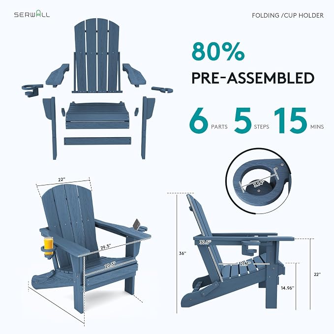 SERWALL Folding Adirondack Chair, HDPE Adirondack Chairs Set of 6, Plastic - Image 7