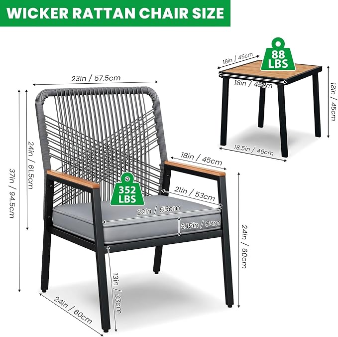 LIFERUN 3-Piece Patio Furniture Set, 2 Outdoor Rattan Chairs - Image 2