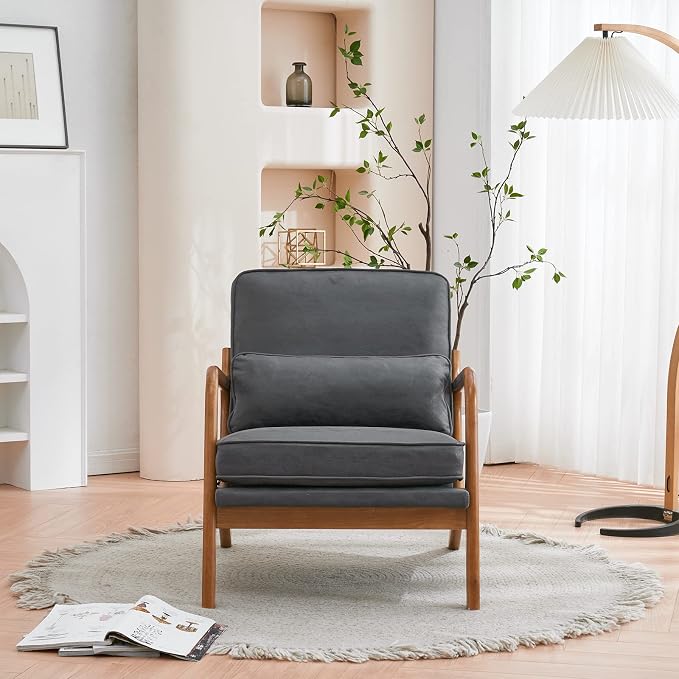 Bonnlo Microfiber Dark Grey Mid Century Modern Accent Chair, Soild Wood Padding - Image 5