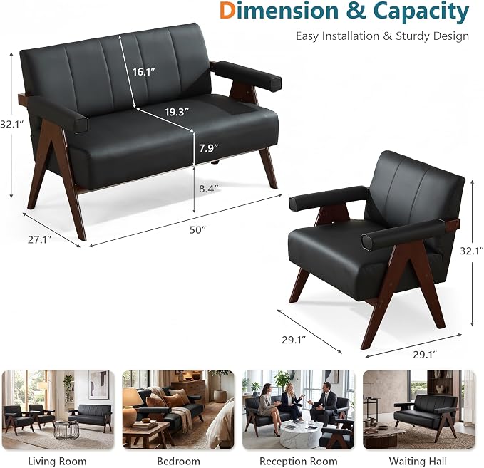 STHOUYN Black Leather Loveseat Sofa and Accent Chairs Set of 2, Mid-Century - Image 8