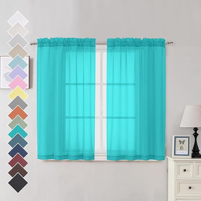OVZME Turquoise Sheer Curtains 45 Inches Long 2 Panels, Light Filtering Sheer by OVZME
