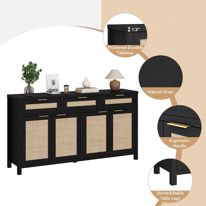 HOKYHOKY 2 Piece Rattan Sideboard Buffet Cabinet, Boho Storage Cabinet - Image 7