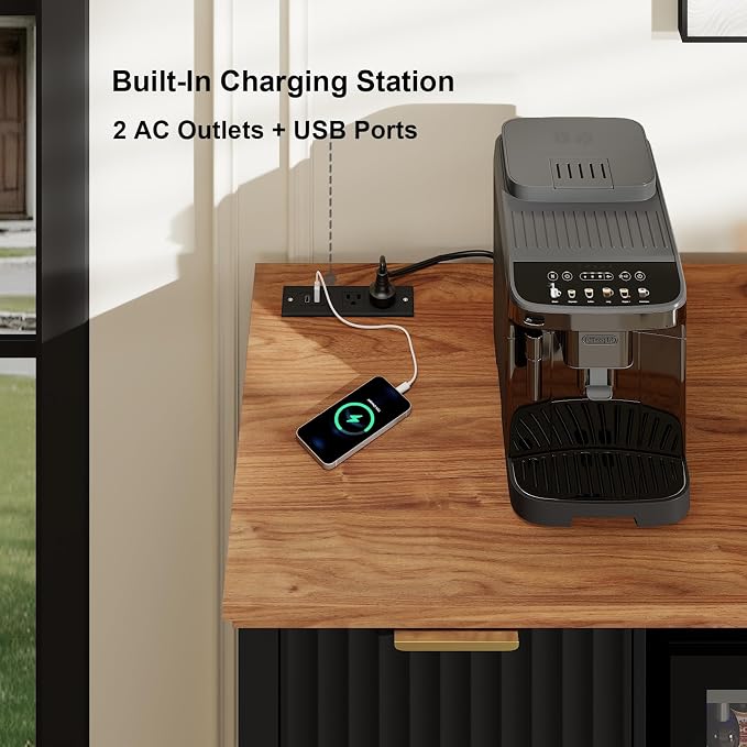 Coffee Bar with Mini Fridge Space & Charging Station, Modern Fluted Mini Fridge - Image 6