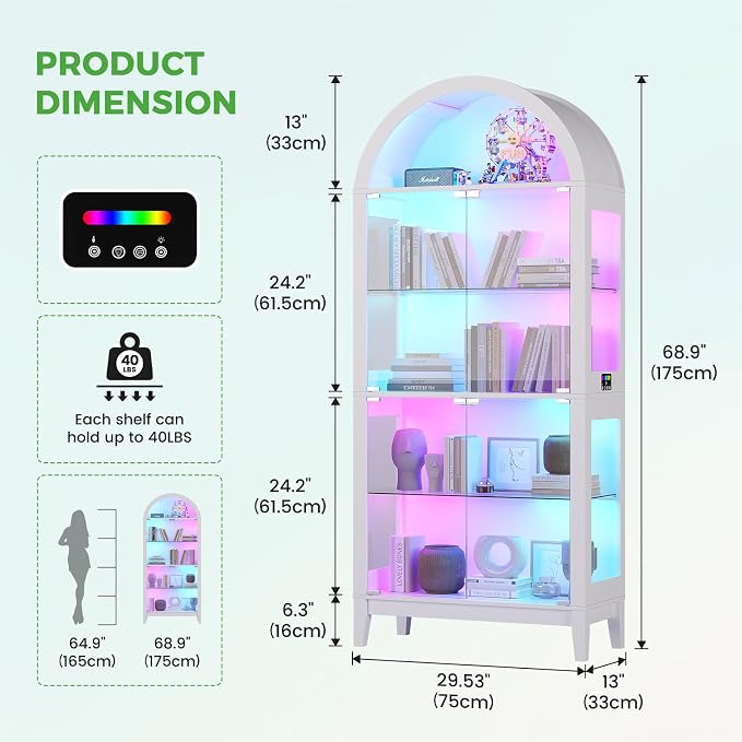 HNEBC Arched Display Case with RGB Lights, LED Curio Cabinet with Shelf - Image 2
