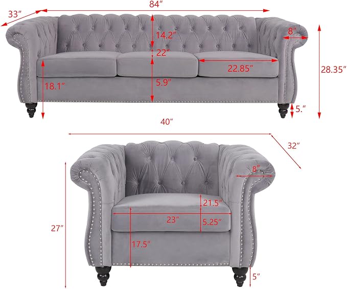 RARZOE Modern 2 Pieces Living Room Sofa Set, Contemporary Tufted Button Velvet - Image 2