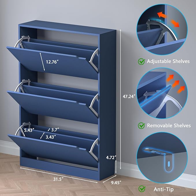 BORNOON Shoe Cabinet with 3 Flip Drawers, Hidden Wood Shoe Cabinet, - Image 2