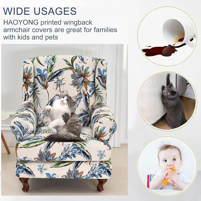 HAOYONG Wing Chair Slipcovers Stretch Wingback Chair Covers Printed 2 Pieces - Image 3