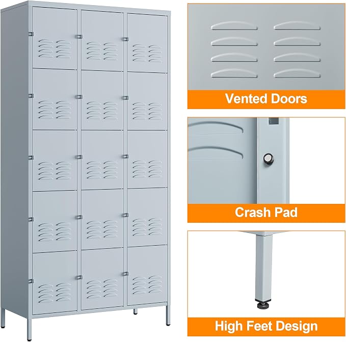 Metal Locker with 15 Doors Employees Locker, Metal Storage Locker with Hooks - Image 4