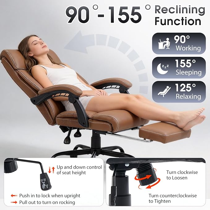 High Back Office Chair with Footrest, 155° Reclining Leather Comfy Desk Chair - Image 5