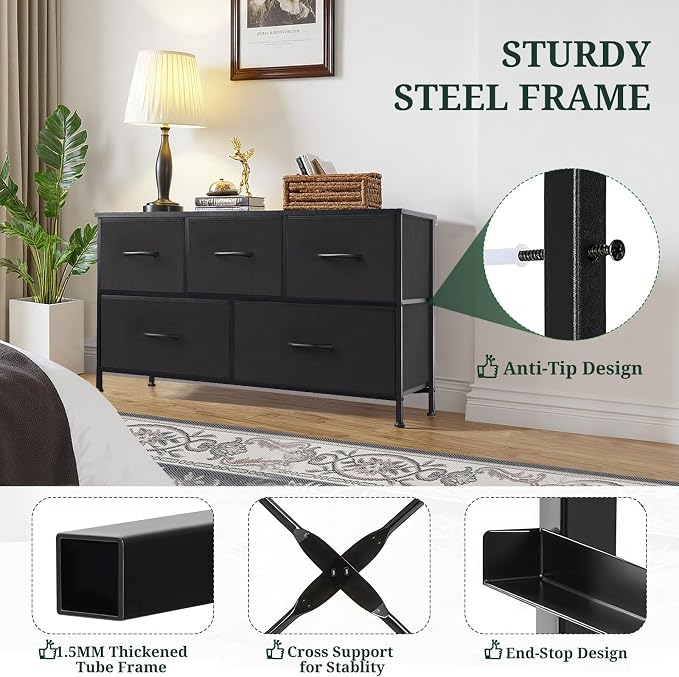 5-Drawer Dresser for Bedroom, Anti-Tip Wide Storage Organizer Fabric Chest of - Image 4