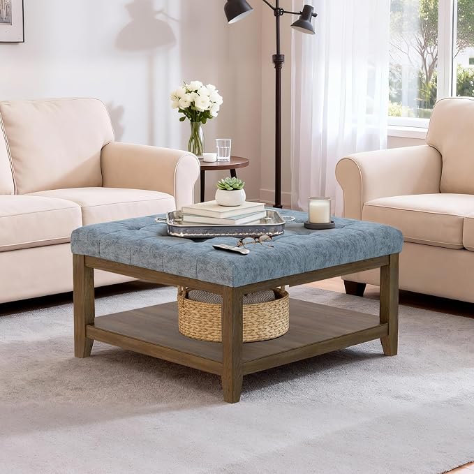 ABHENG 31.5” Large Square Storage Ottoman, Upholstery Solid Rubberwood Coffee by Liveinacomfortablehome