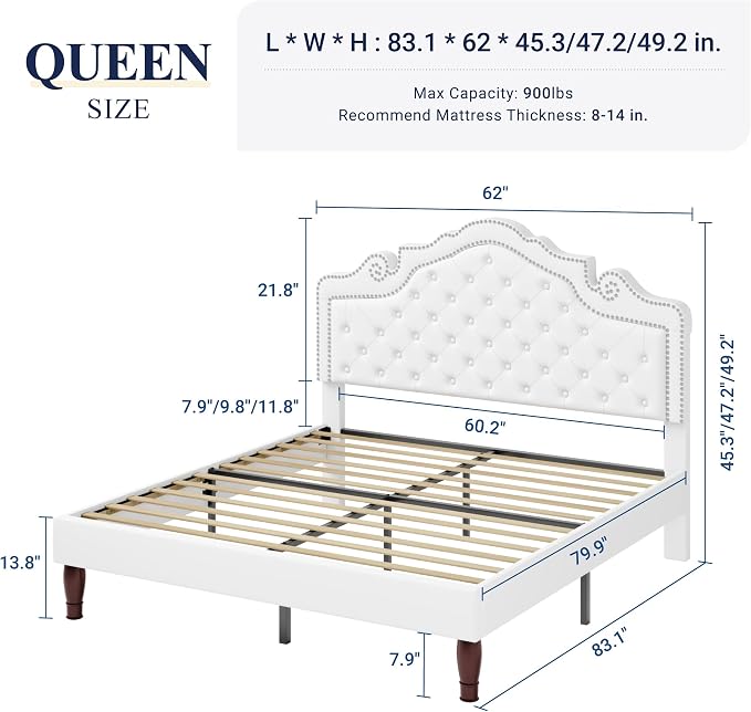 Allewie Queen Bed Frame with Adjustable Velvet Tiara Headboard, Upholstered - Image 2