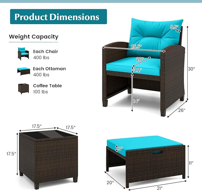 Tangkula 5 Pieces Patio Conversation Set, PE Wicker Outdoor Furniture Set - Image 6