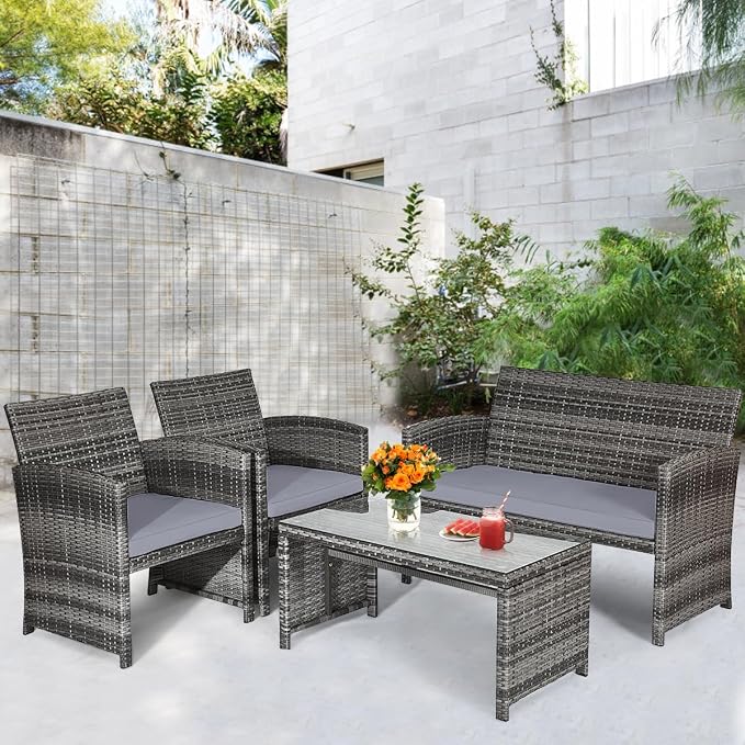 Tangkula 4 Pieces Patio Wicker Conversation Furniture Set, Patiojoy Sofa & - Image 3
