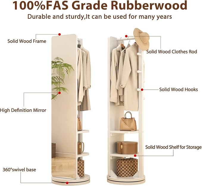 WoodsWhisper Full Length Mirror Coat Rack Solid Wood Floor Mirror 66"x12" Full - Image 4