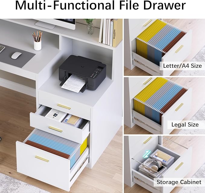 YOMILUVE Computer Desk with 3 Drawer & Storage Shelves, Home Office Desk with - Image 5